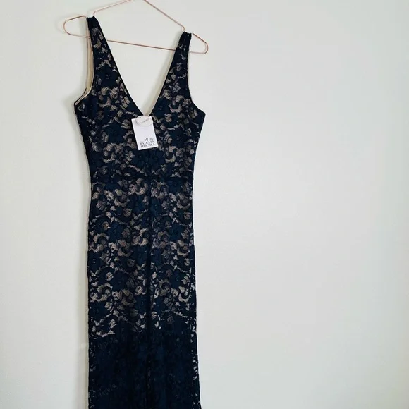 New Belle Badgley Mischka Dress navy Blue Lace Overlay Maxi Evening - Picture 10 of 10